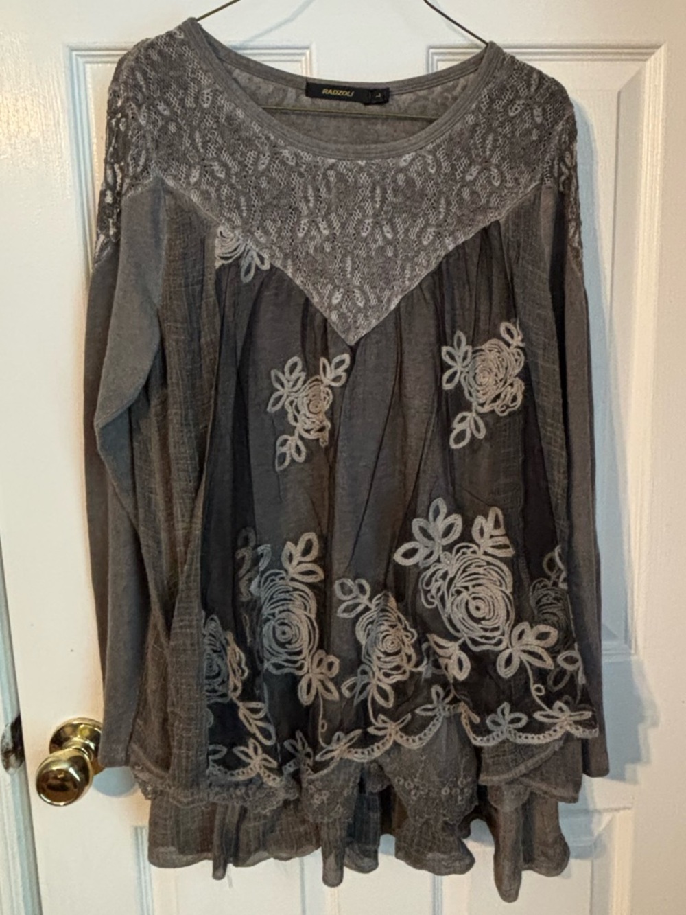 Radzoli Gray Lace Yoke Long Sleeve Tunic with Floral Embroidery